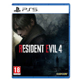 PlayStation 5 game case for 'Resident Evil 4' with a dark forest scene and character.